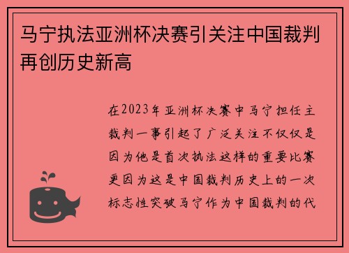 马宁执法亚洲杯决赛引关注中国裁判再创历史新高